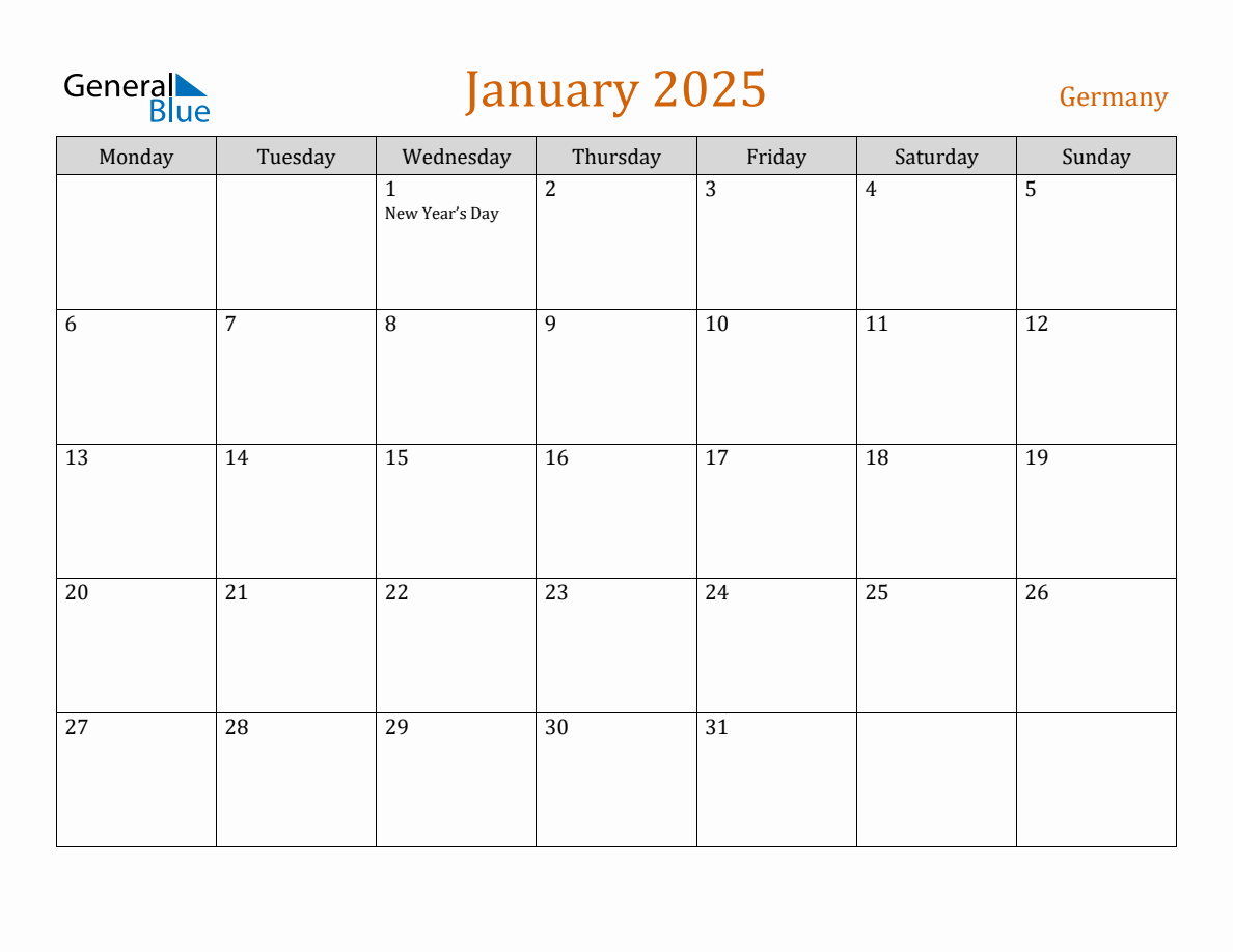 Free January 2025 Germany Calendar