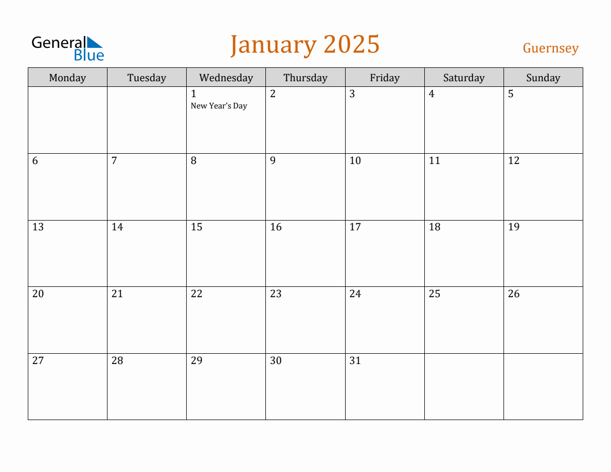 Free January 2025 Guernsey Calendar