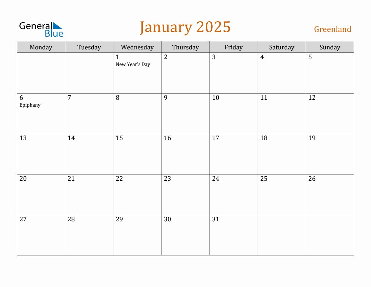 Free January 2025 Greenland Calendar