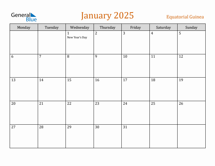 January 2025 Holiday Calendar with Monday Start