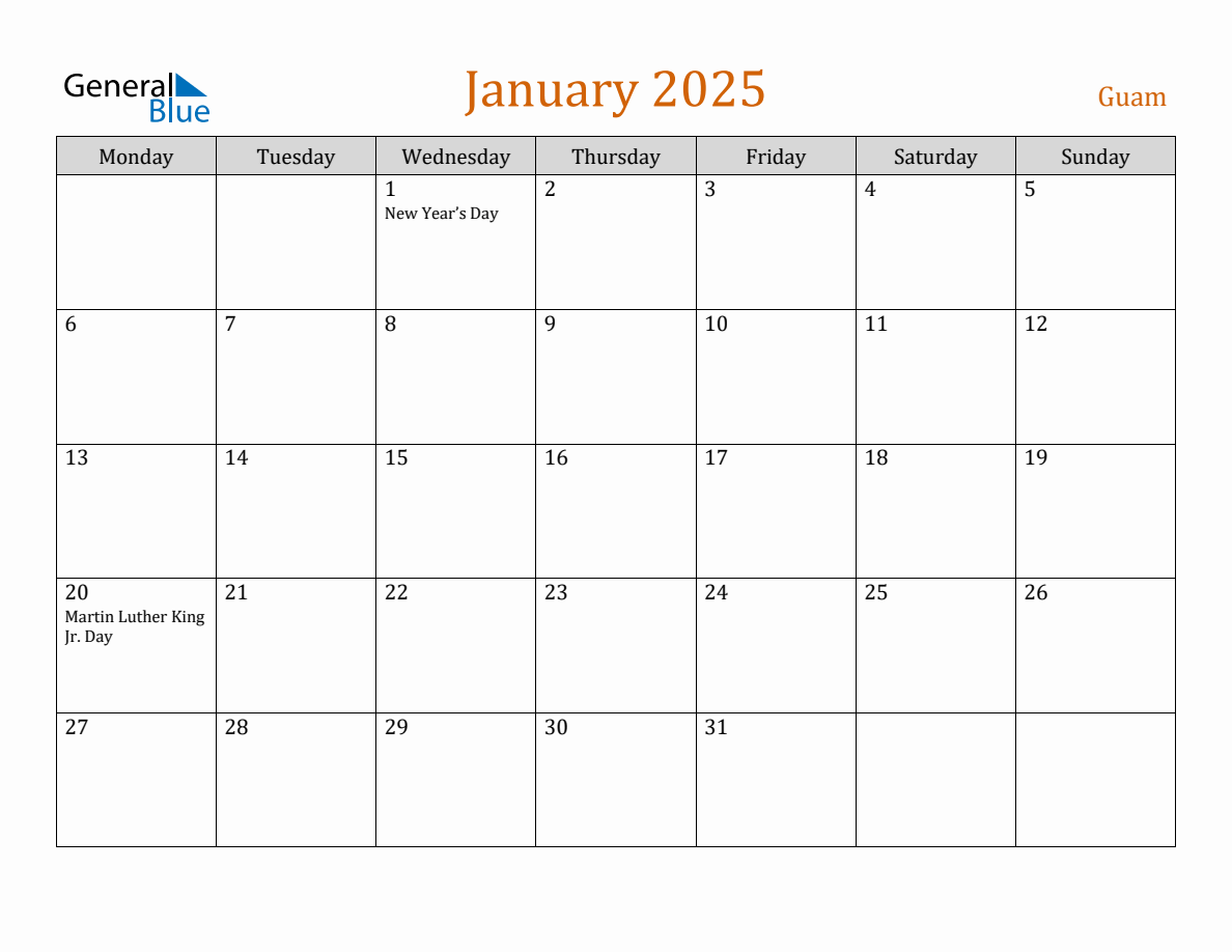 Free January 2025 Guam Calendar