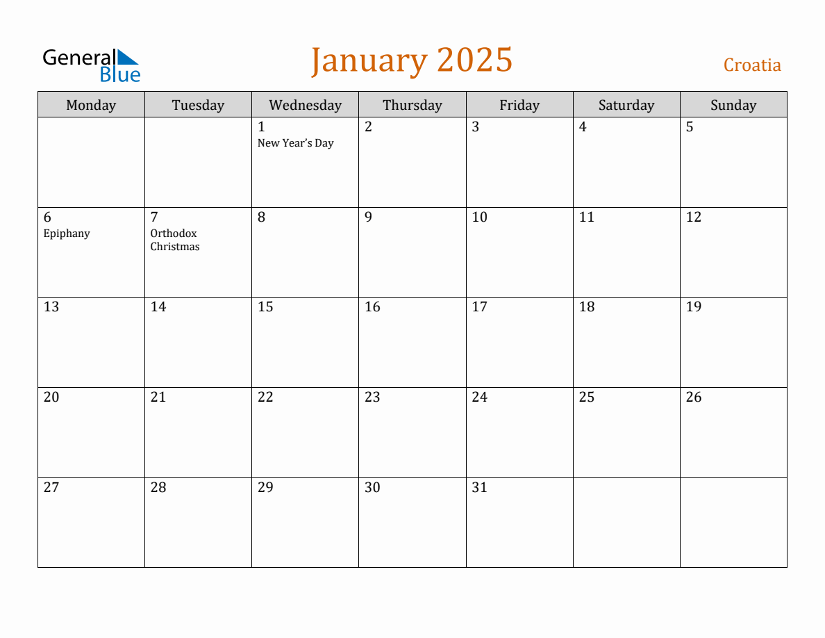 Free January 2025 Croatia Calendar