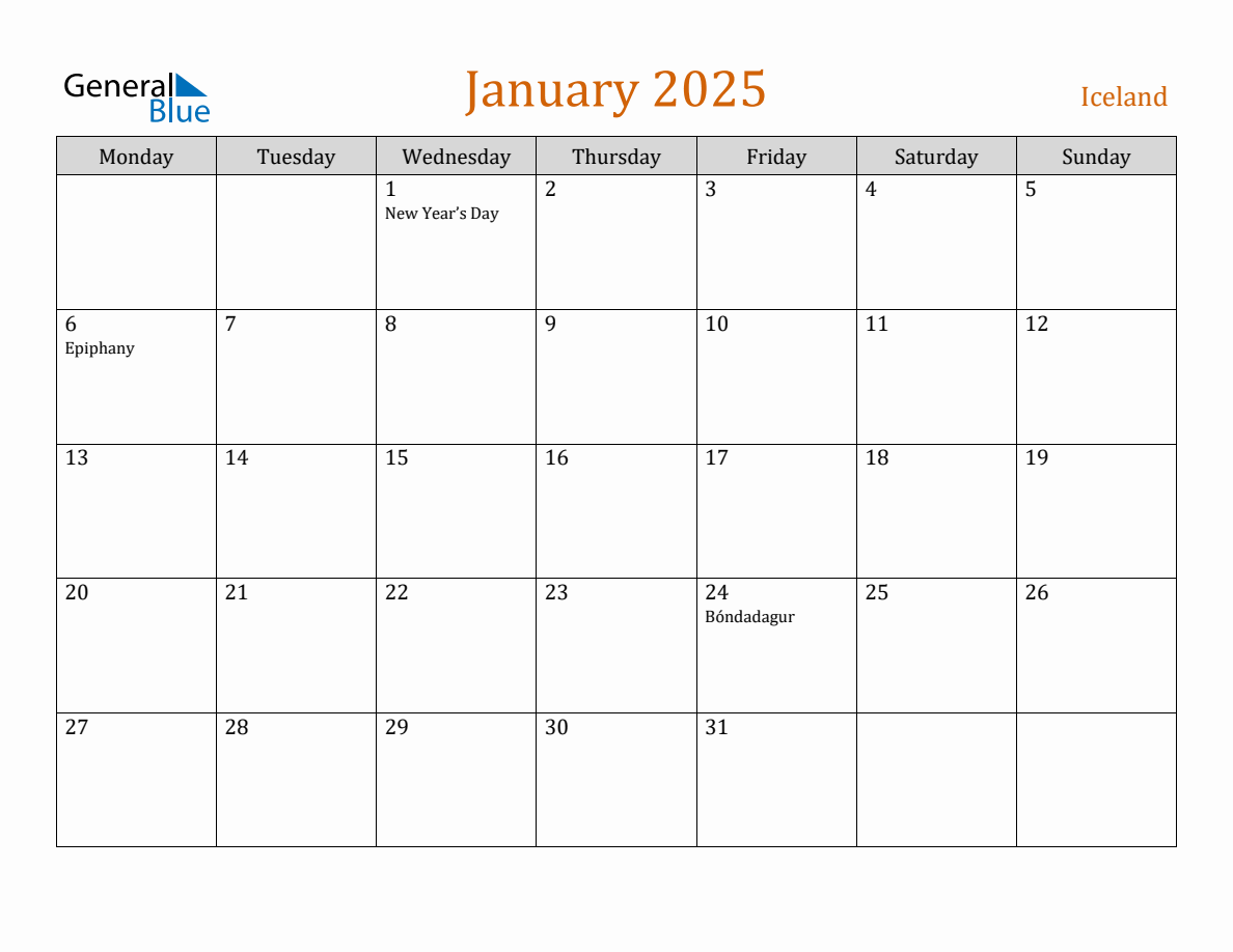 Free January 2025 Iceland Calendar