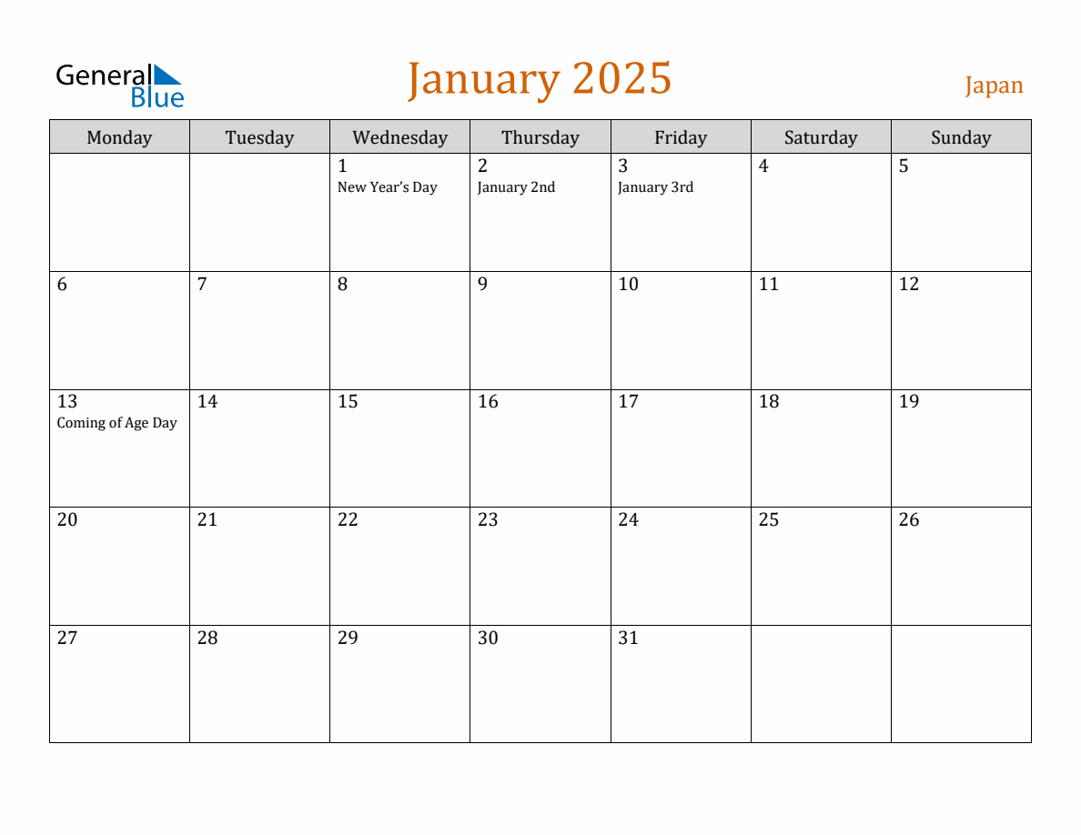 Free January 2025 Japan Calendar
