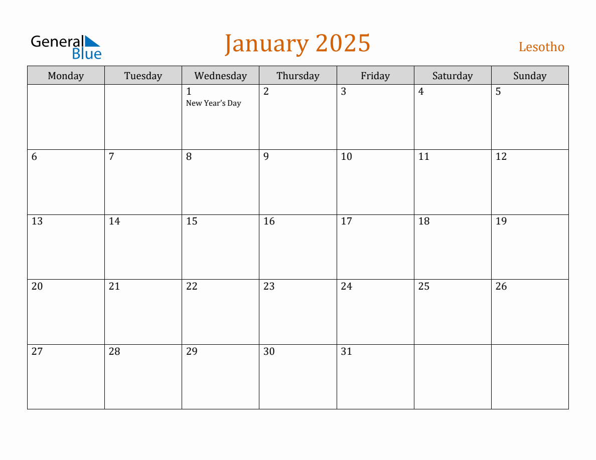 Free January 2025 Lesotho Calendar