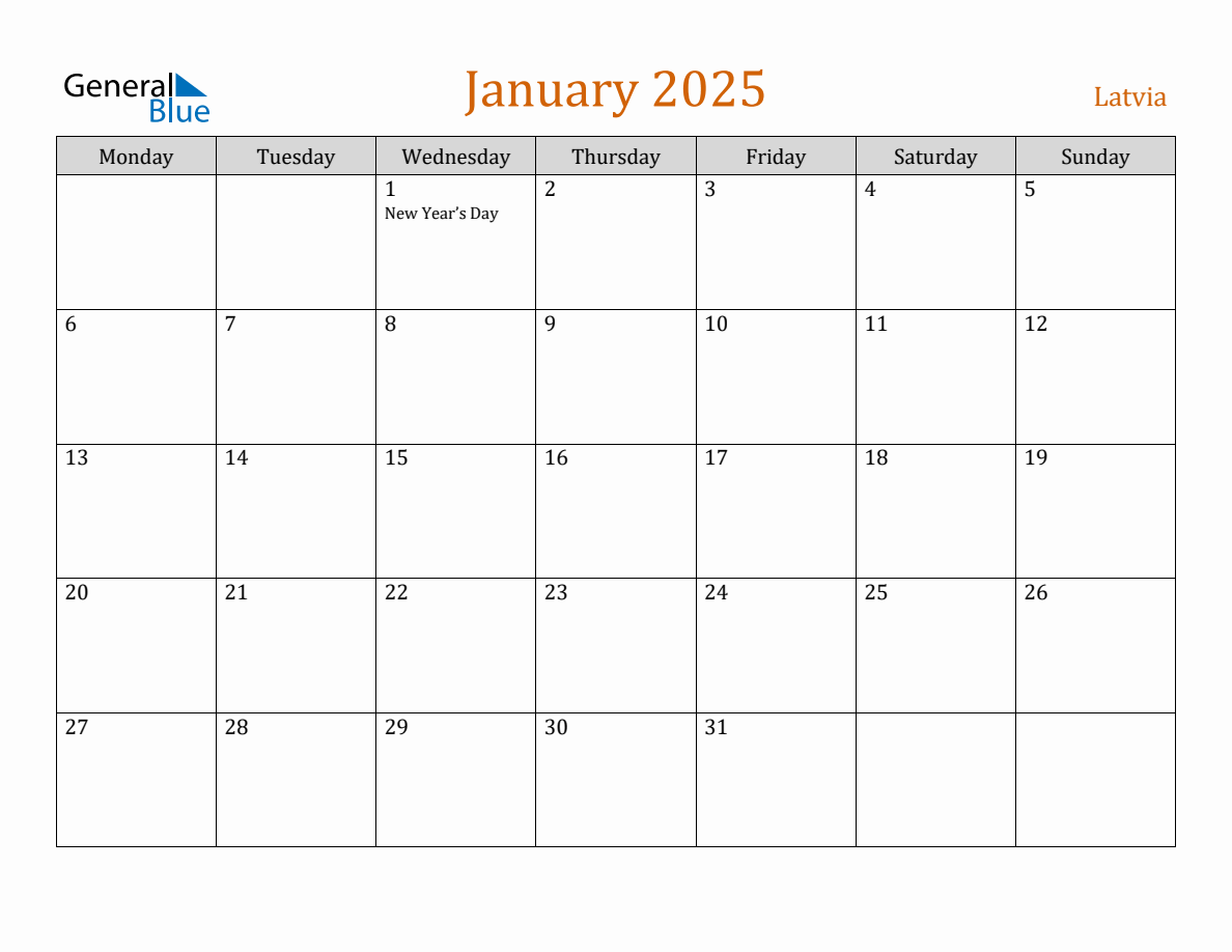 Free January 2025 Latvia Calendar