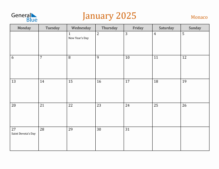 January 2025 Monaco Monthly Calendar with Holidays