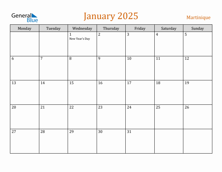 Free January 2025 Martinique Calendar