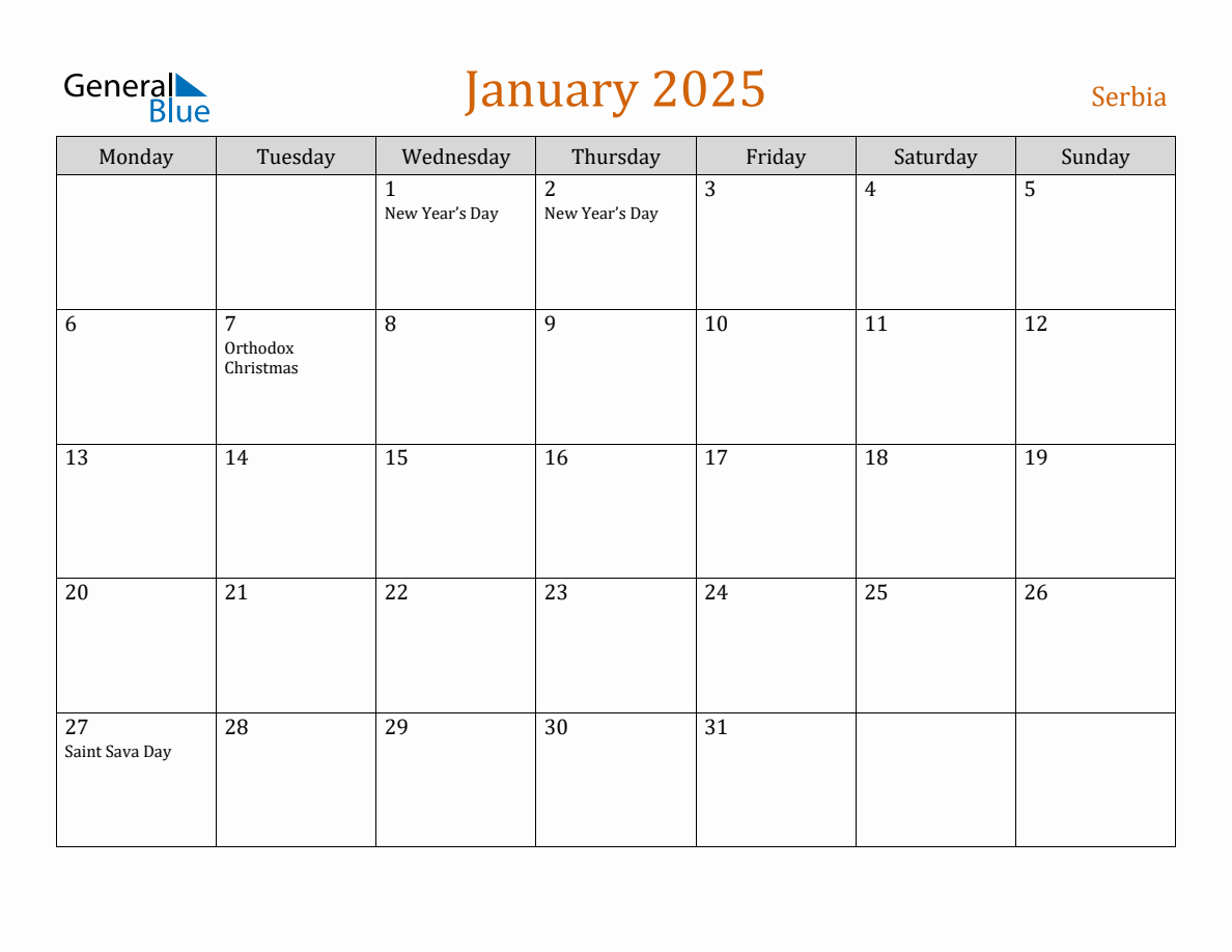 Free January 2025 Serbia Calendar