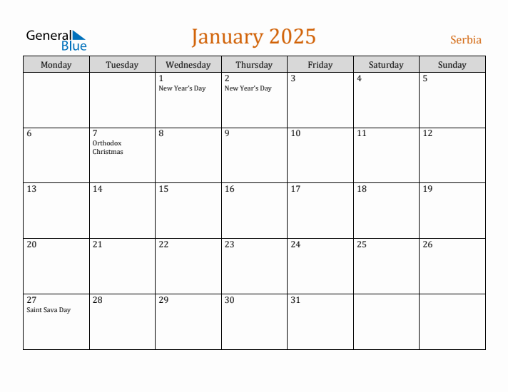 January 2025 Holiday Calendar with Monday Start