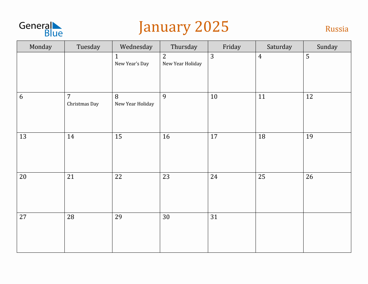 Free January 2025 Russia Calendar