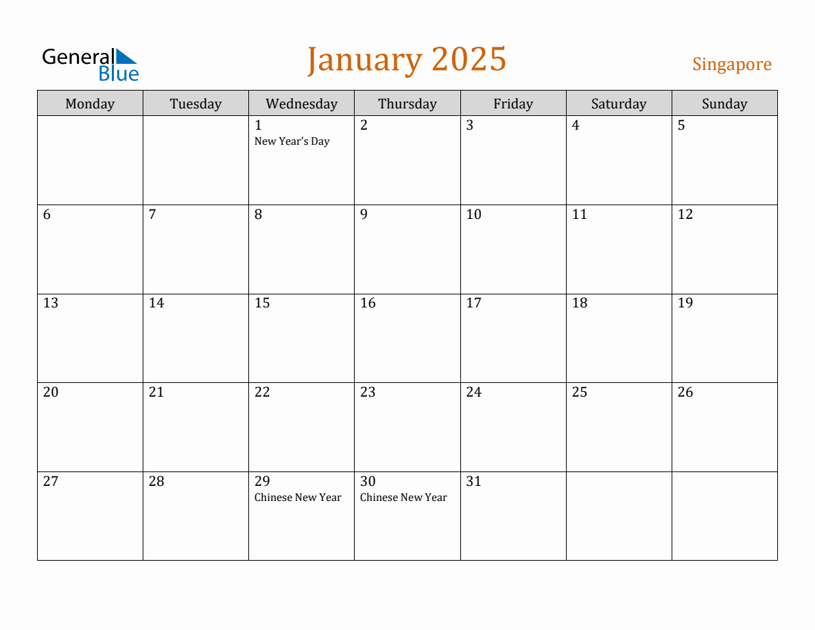 Free January 2025 Singapore Calendar