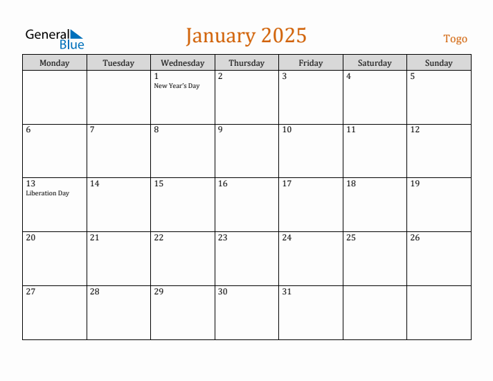 Free January 2025 Togo Calendar