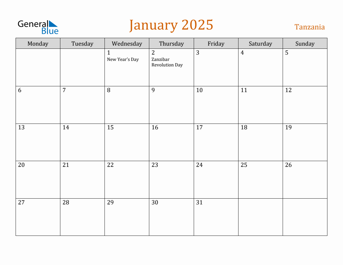 Free January 2025 Tanzania Calendar