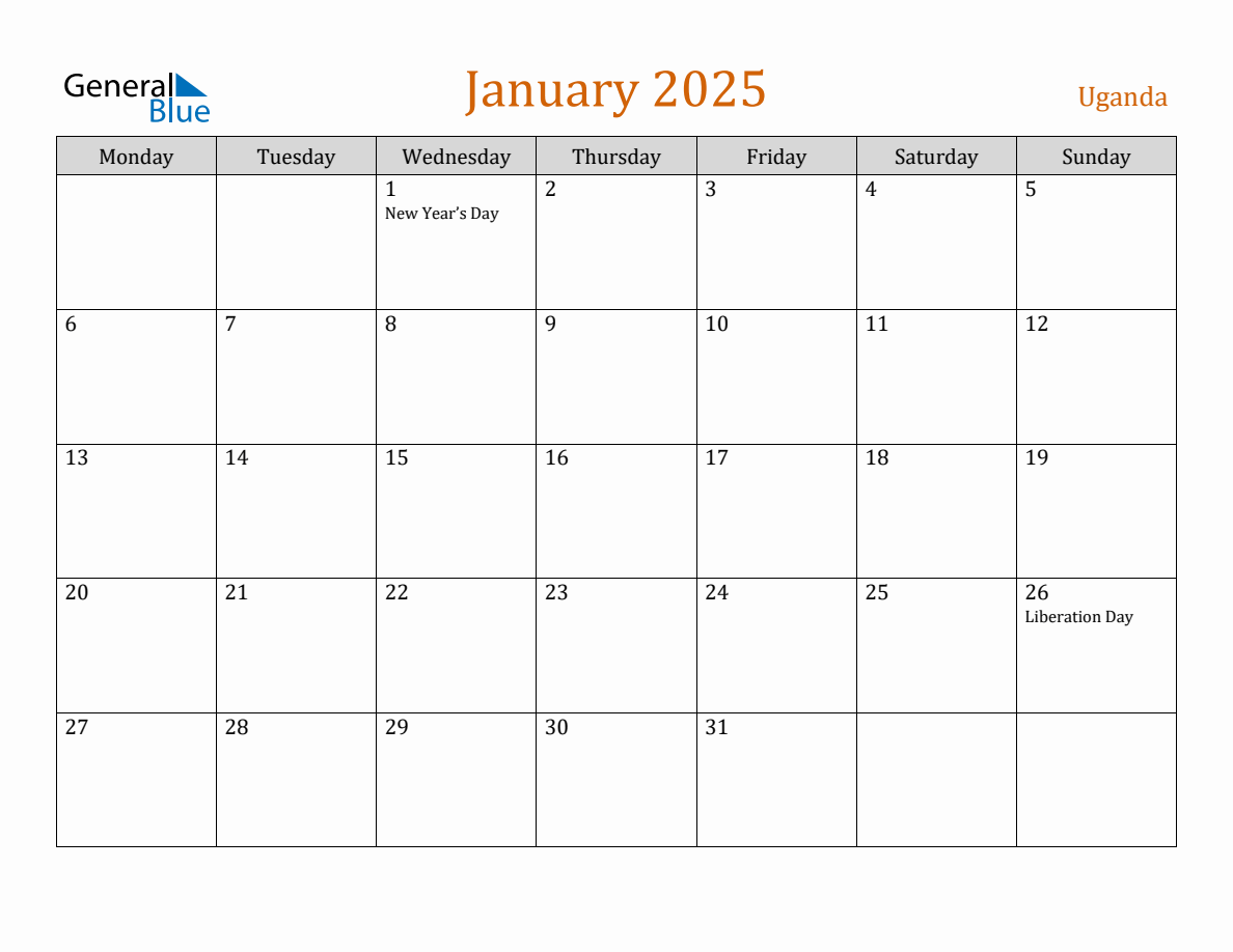 Free January 2025 Uganda Calendar