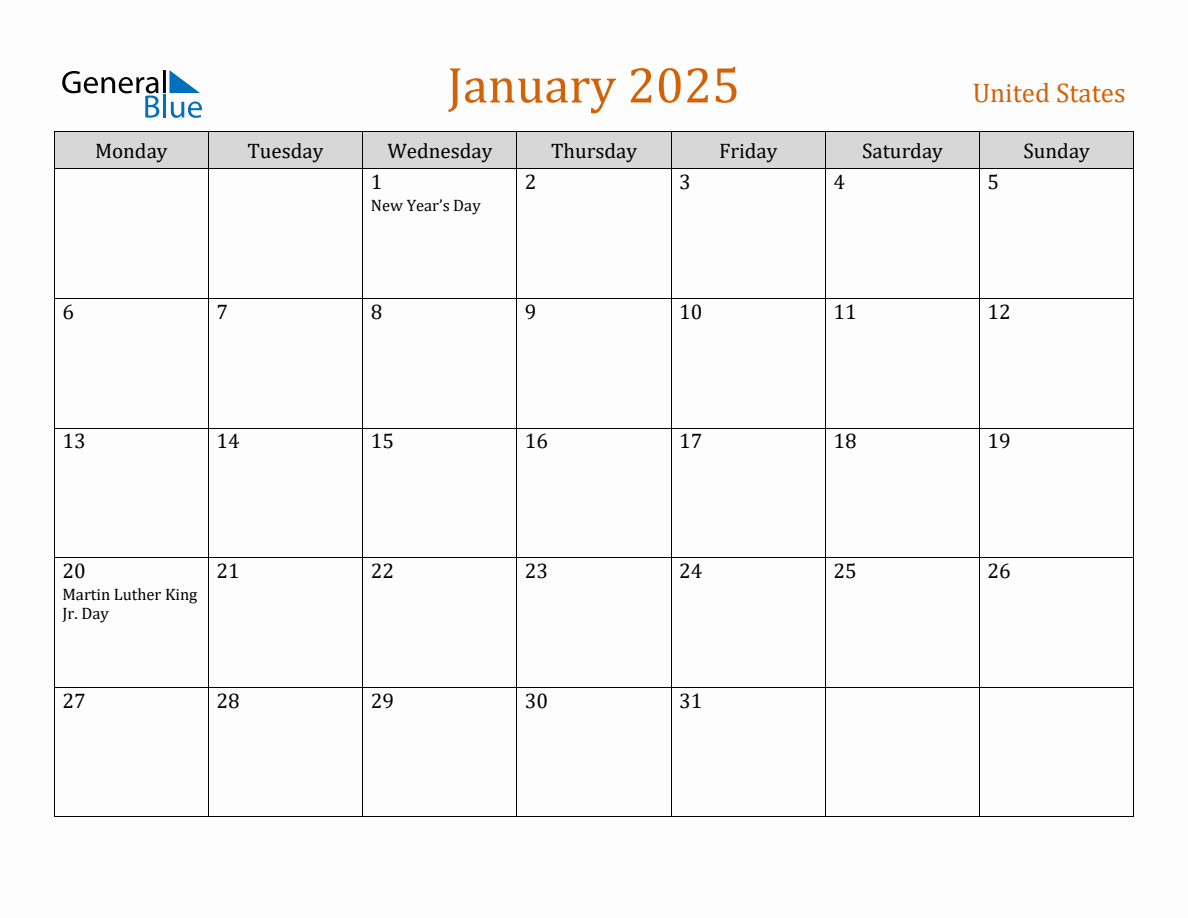 Free January 2025 United States Calendar