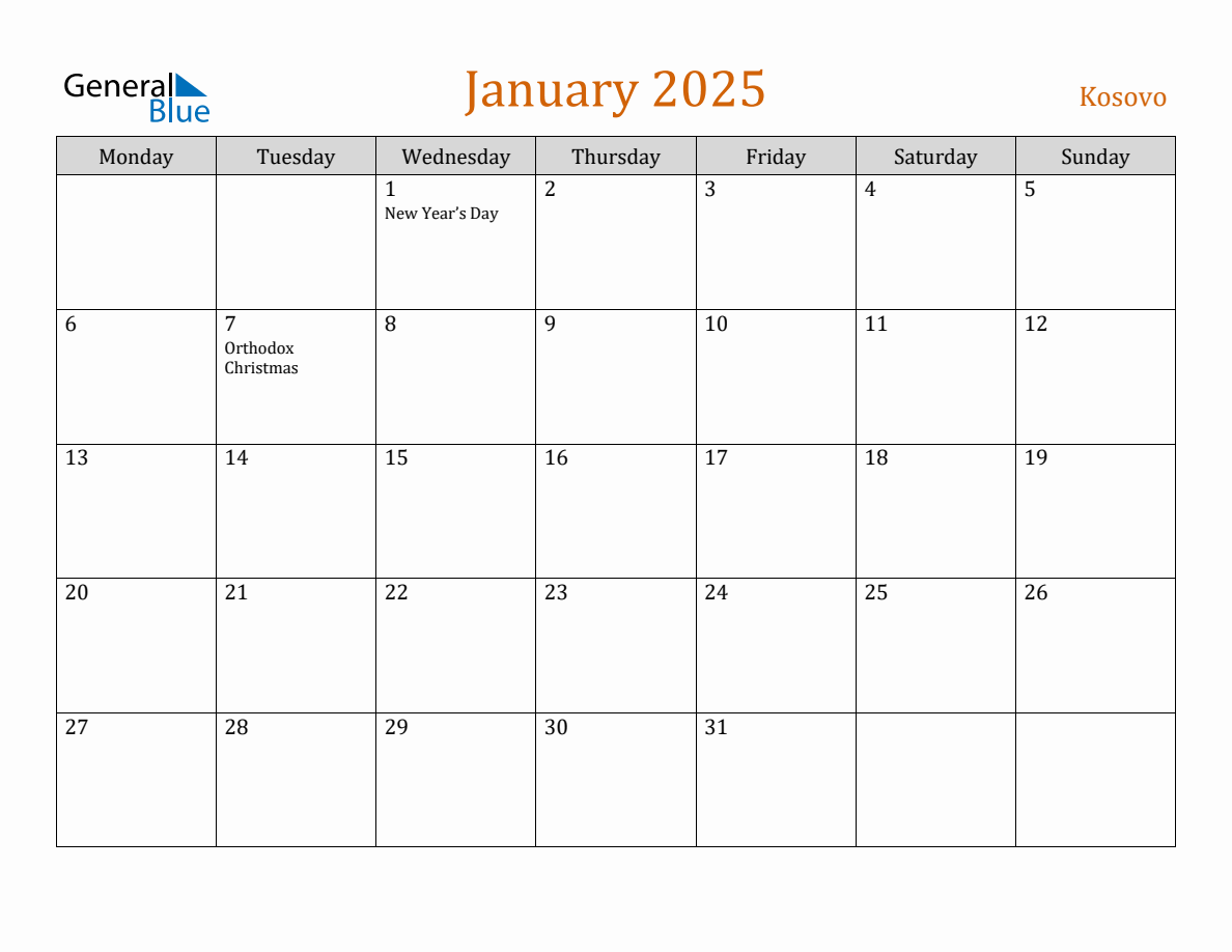 Free January 2025 Kosovo Calendar