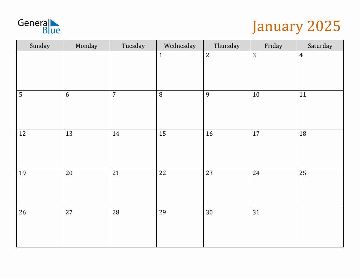 January 2025 Generic Monthly Calendar