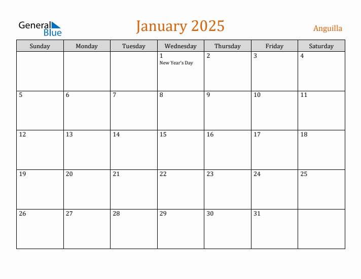 Free January 2025 Anguilla Calendar