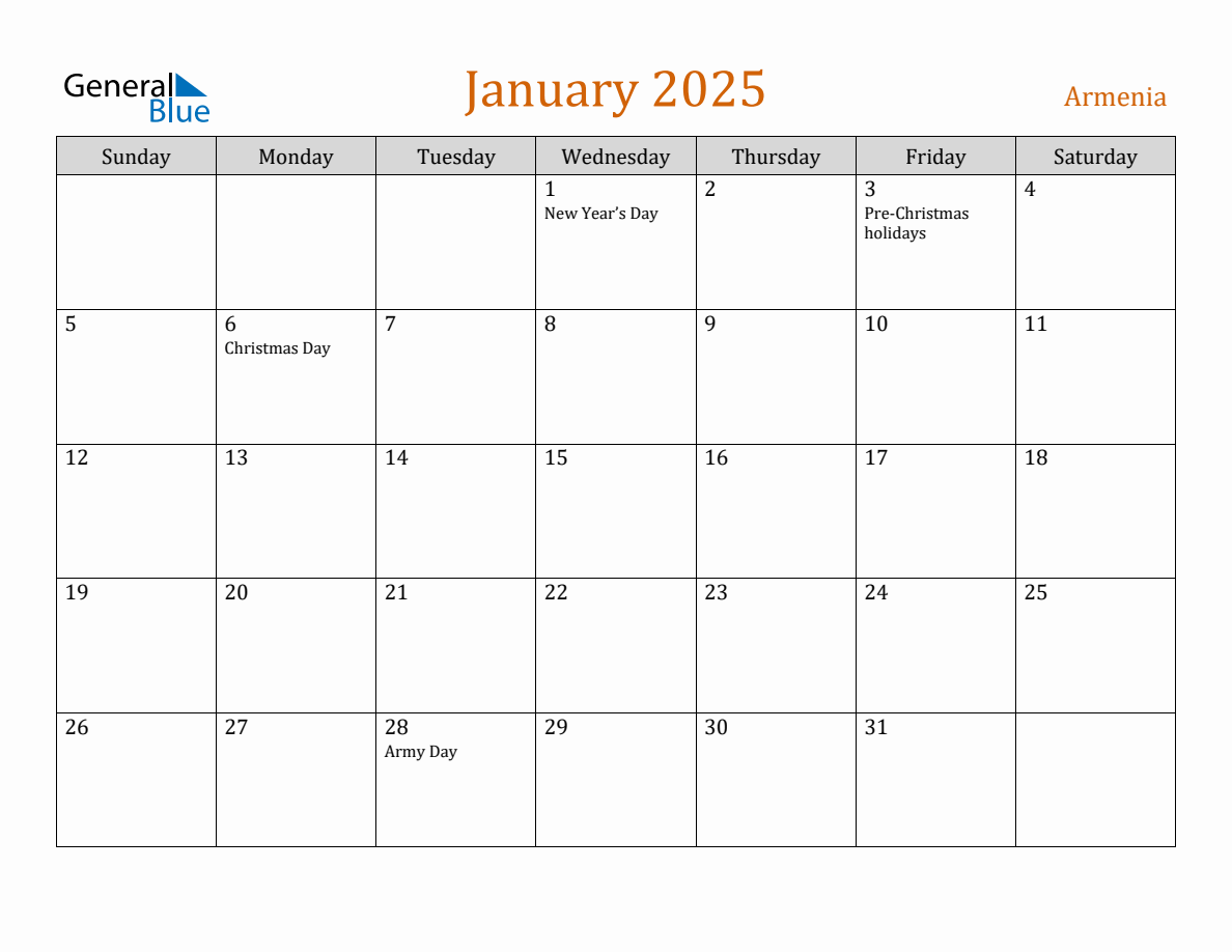 Free January 2025 Armenia Calendar