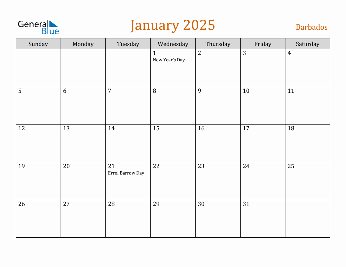 Free January 2025 Barbados Calendar