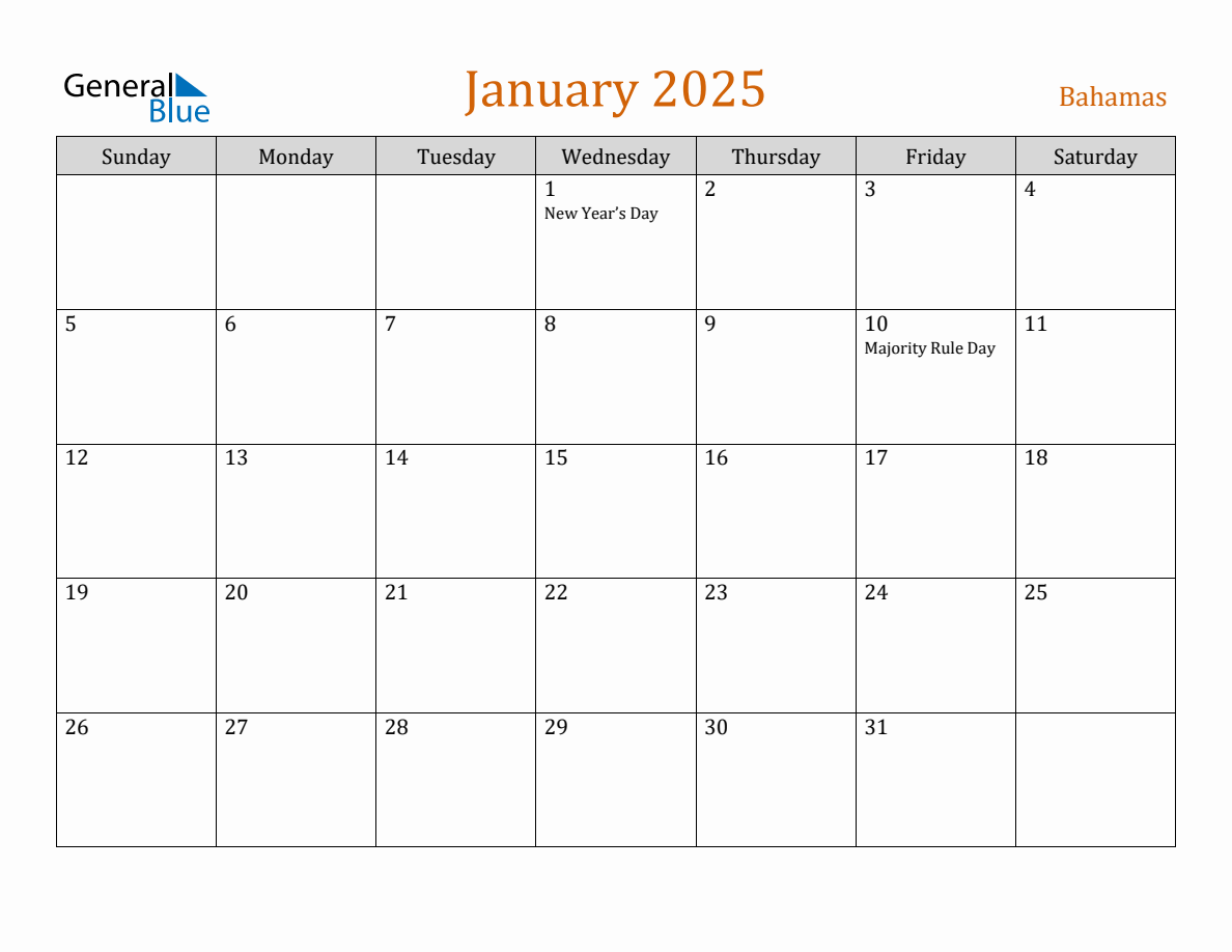 Free January 2025 Bahamas Calendar