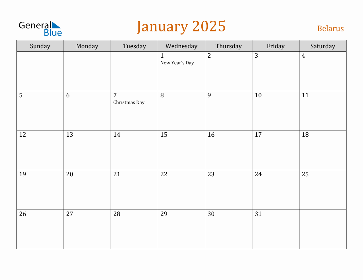 Free January 2025 Belarus Calendar