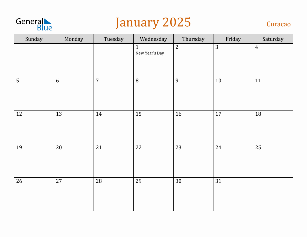 Free January 2025 Curacao Calendar