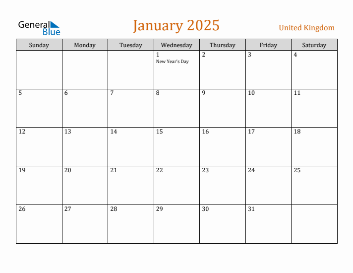 January 2025 Monthly Calendar with United Kingdom Holidays