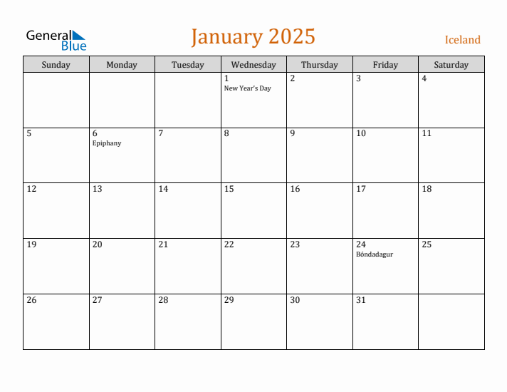 January 2025 Holiday Calendar with Sunday Start