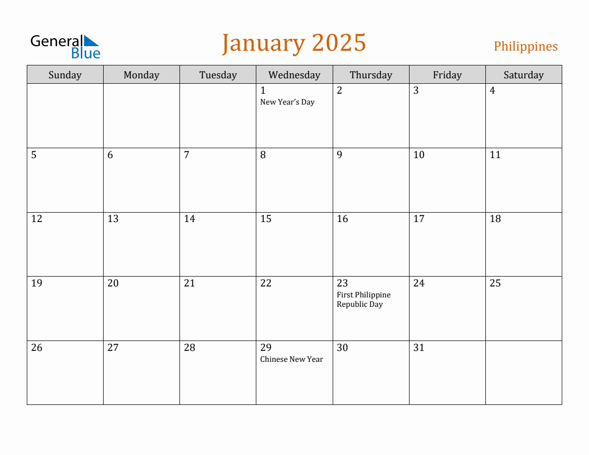 Free January 2025 Philippines Calendar