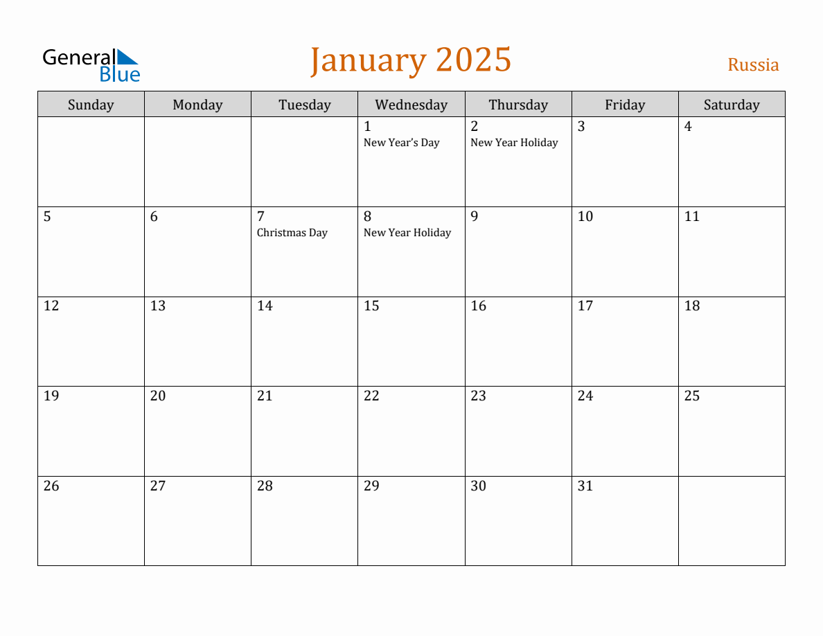 Free January 2025 Russia Calendar