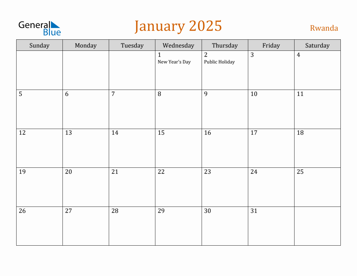 Free January 2025 Rwanda Calendar