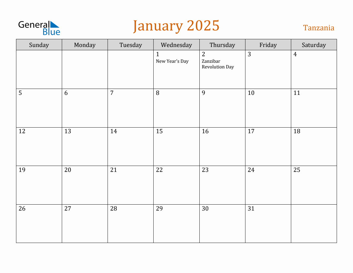 Free January 2025 Tanzania Calendar