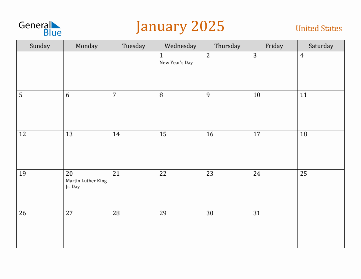 Free January 2025 United States Calendar