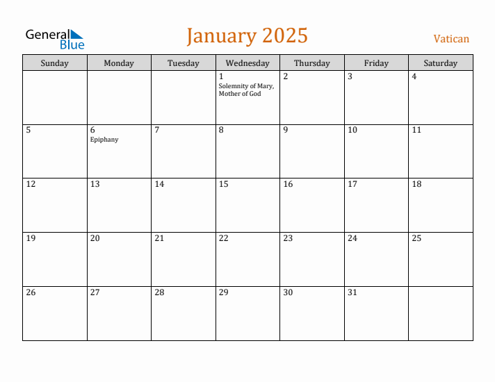 January 2025 Holiday Calendar with Sunday Start