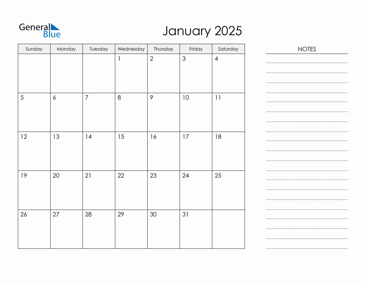 Printable Monthly Calendar with Notes January 2025