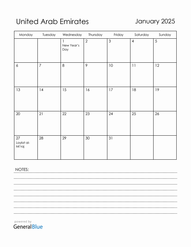January 2025 United Arab Emirates Calendar with Holidays (Monday Start)
