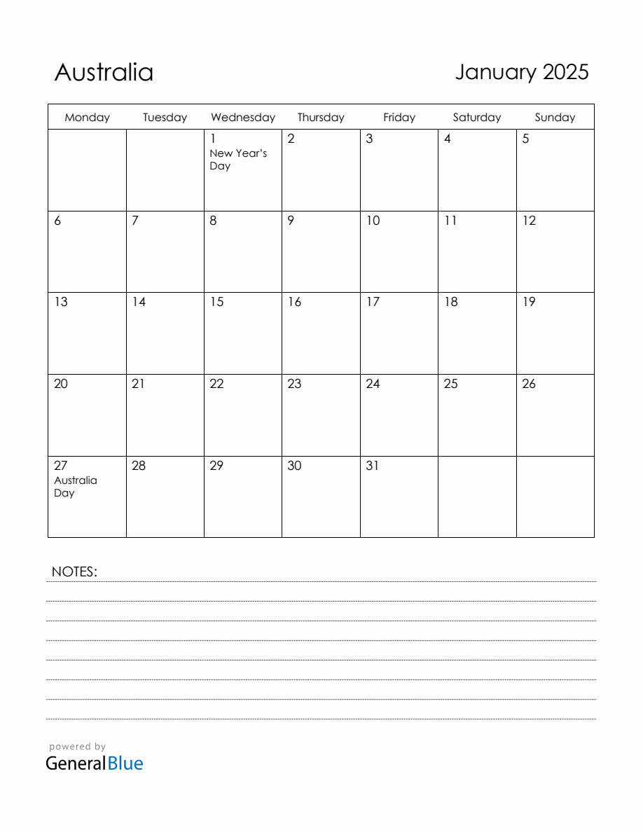 January 2025 Australia Calendar with Holidays