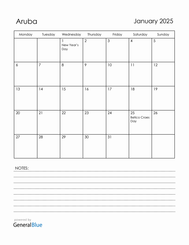 January 2025 Aruba Calendar with Holidays (Monday Start)