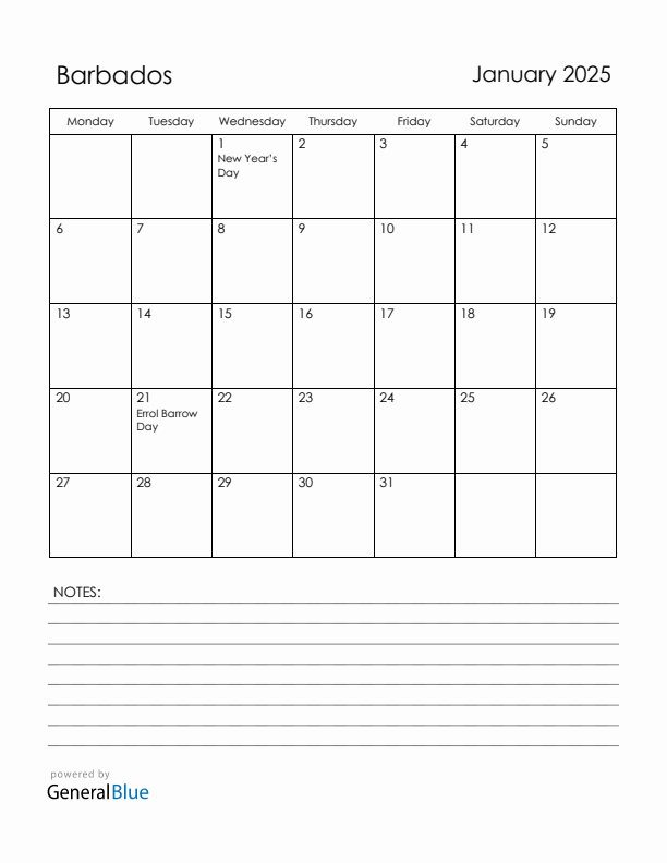 January 2025 Barbados Calendar with Holidays (Monday Start)