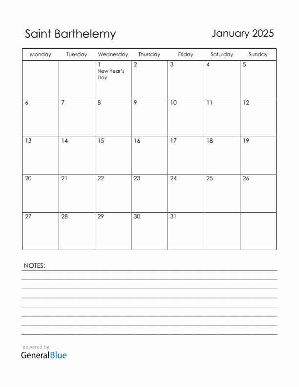 January 2025 Saint Barthelemy Calendar with Holidays (Monday Start)