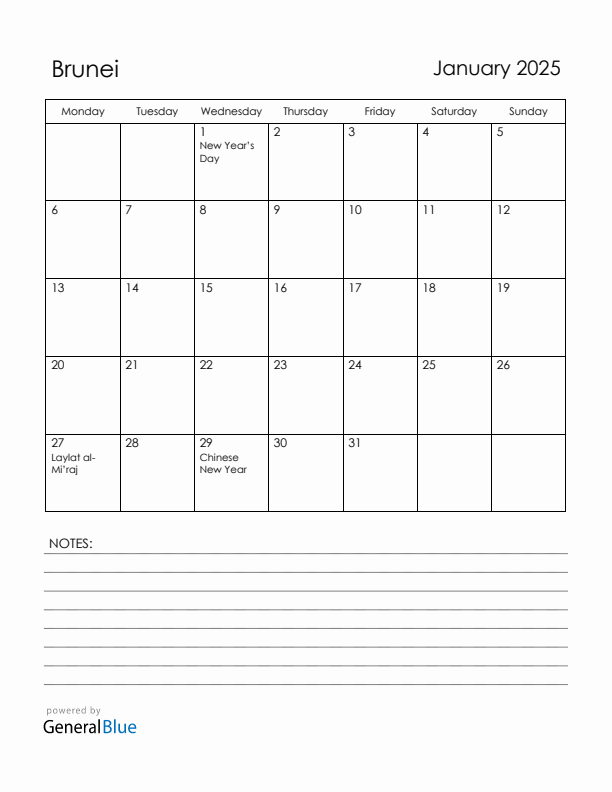 January 2025 Brunei Calendar with Holidays (Monday Start)