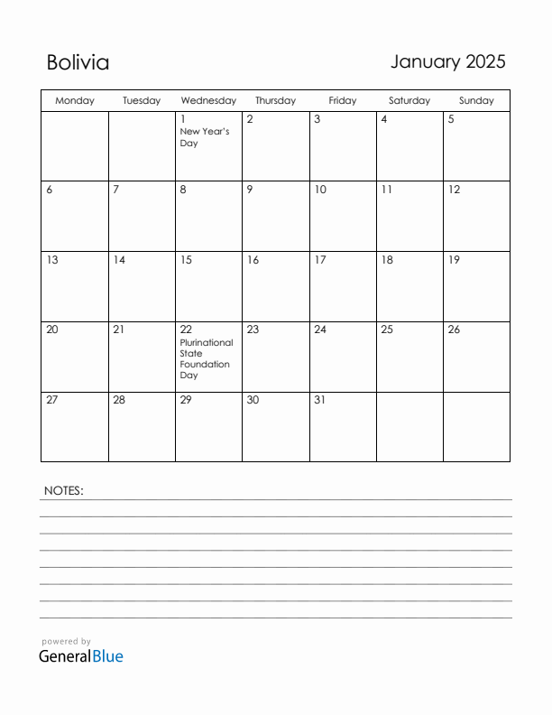 January 2025 Bolivia Calendar with Holidays (Monday Start)