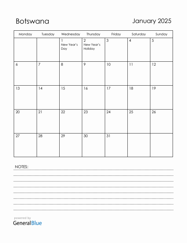 January 2025 Botswana Calendar with Holidays (Monday Start)