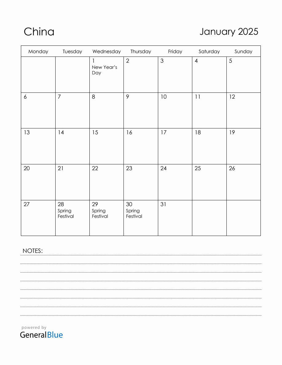 January 2025 China Calendar with Holidays