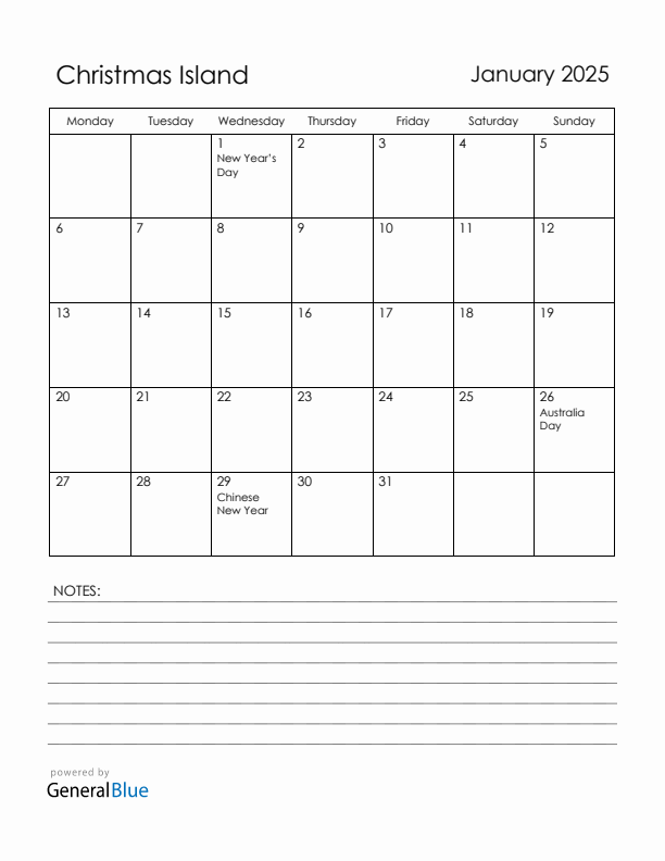 January 2025 Christmas Island Calendar with Holidays (Monday Start)