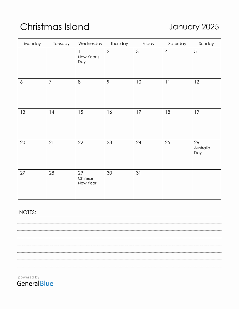 January 2025 Christmas Island Calendar with Holidays