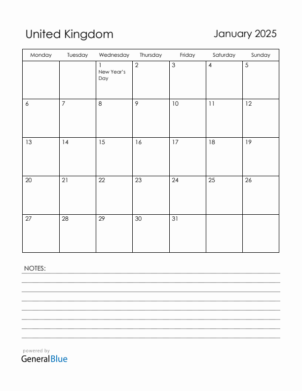 January 2025 United Kingdom Calendar with Holidays (Monday Start)