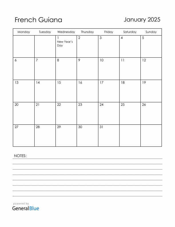 January 2025 French Guiana Calendar with Holidays (Monday Start)